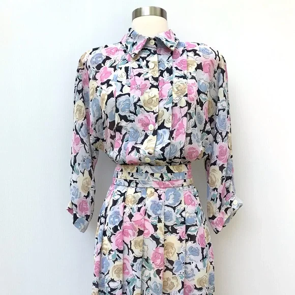 Vintage 80’s black & pastel roses floral secretary dress - Picture 2 of 9